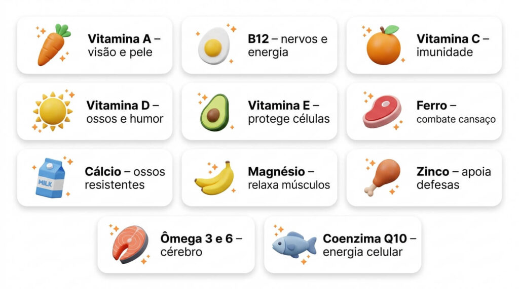 Infográfico com 11 vitaminas e minerais importantes para crianças, mostrando alimentos-fonte e suas principais funções no organismo.