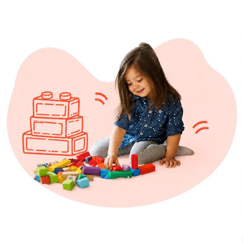 Dra. Gabriela Ramos: Neuropediatra. Apoio no presente e cuidado com o futuro. 9 Menina brincando com blocos coloridos, ilustração de peças sobre fundo rosa